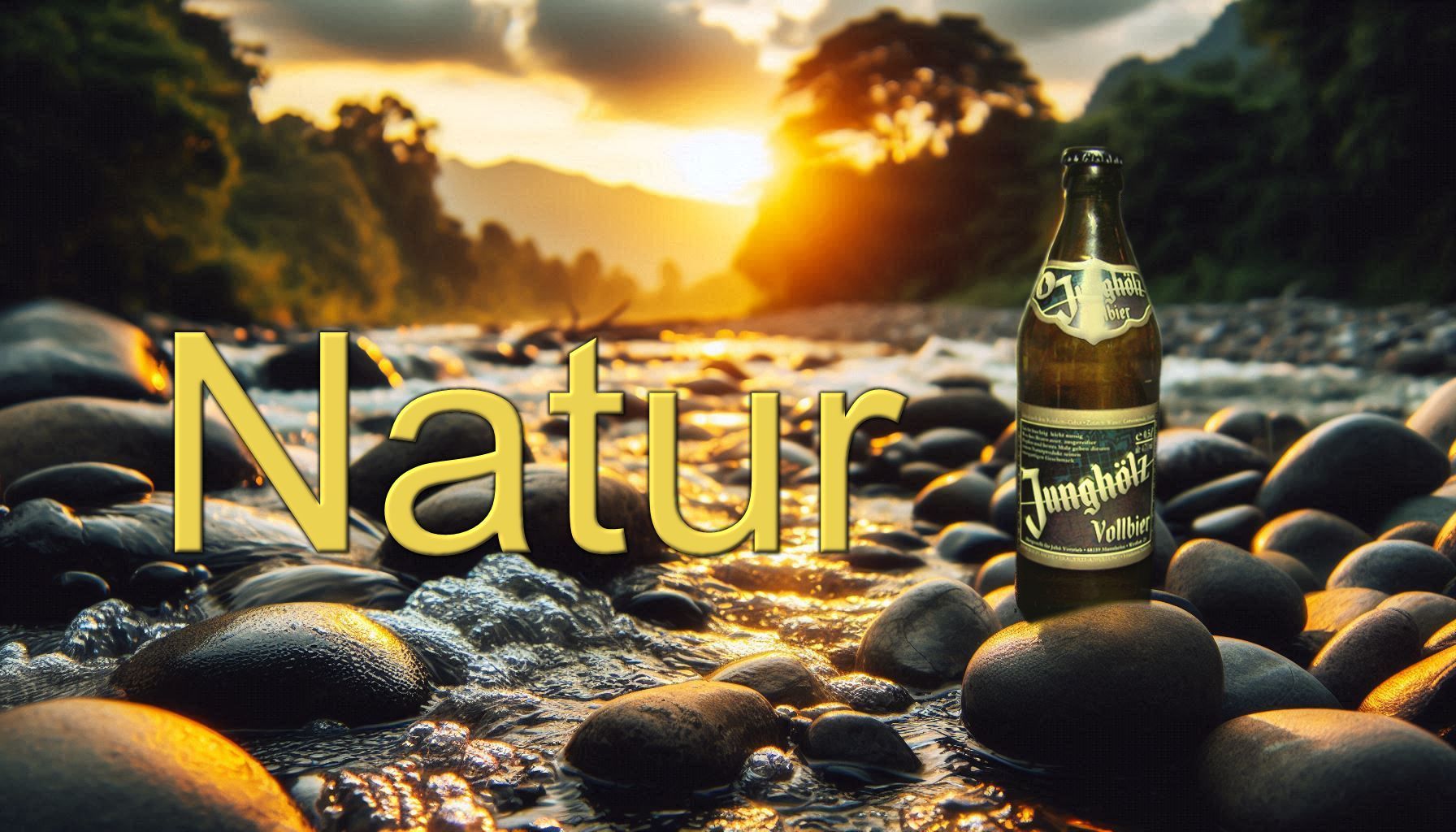 Ein Bachlauf mit großen und kleinen Kieselsteinen im Sonnenuntergang. Links und rechts erkennt man Wälder, fast in der Mitte des Bachlaufs steht eine Bierflasche. Das Bild steht unter dem Motto: NATUR