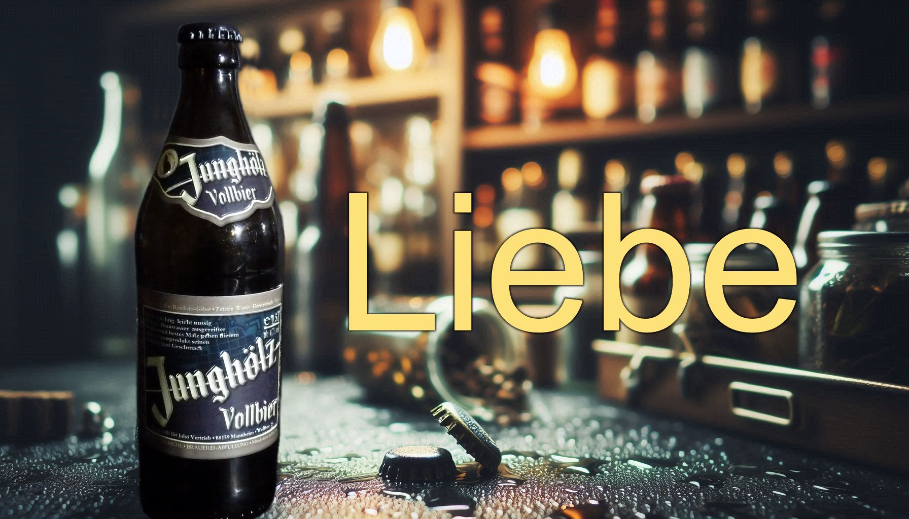 Unter dem Motto LIEBE: Eine Junghölz-Bierflasche steht auf einem Tresen, im Hintergrund sehr verschwommen stehen Flaschen in einem Regal.